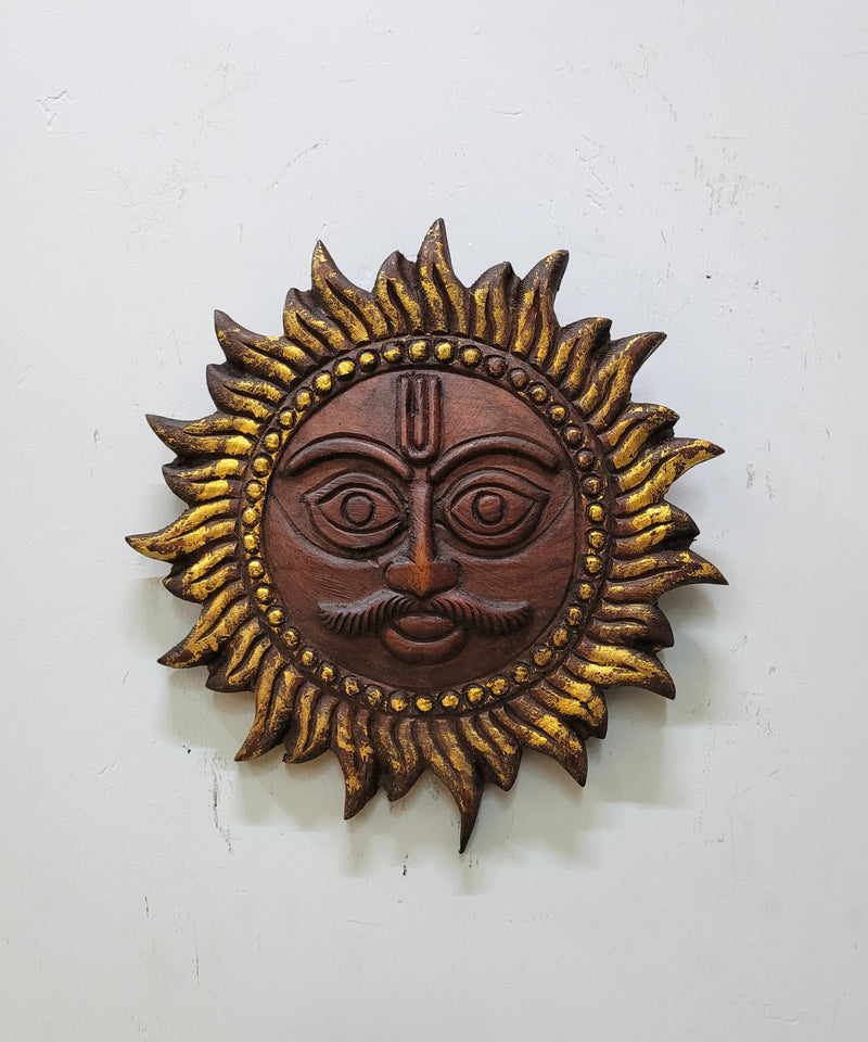 Sun God Wall Hanging Decor Natural and Gold Color Mahogany Wood Carving Traditional Chettinad Indian Handicrafts (12 H x 12 L x 1 W inches)