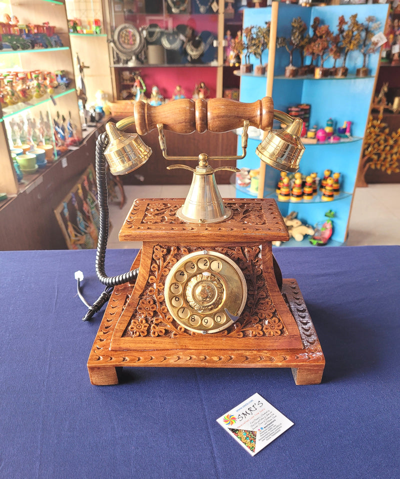 Wooden Antique Telephone carving hand made traditional indian Handicrafts rose wood sheesham wood (11 H * 10 L * 7 W) Inches