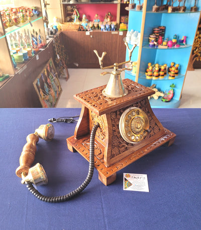 Wooden Antique Telephone carving hand made traditional indian Handicrafts rose wood sheesham wood (11 H * 10 L * 7 W) Inches