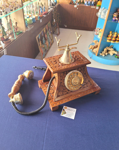 Wooden Antique Telephone carving hand made traditional indian Handicrafts rose wood sheesham wood (11 H * 10 L * 7 W) Inches