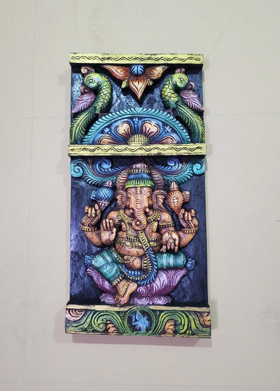 Lord Ganesha Vinayagar With 2 Parrots Wooden Wall Panel Frame Wall Handing Mahogany Wood Carving Traditional Chettinad Indian Handicrafts (24 H x 12 L x 2 W inches)