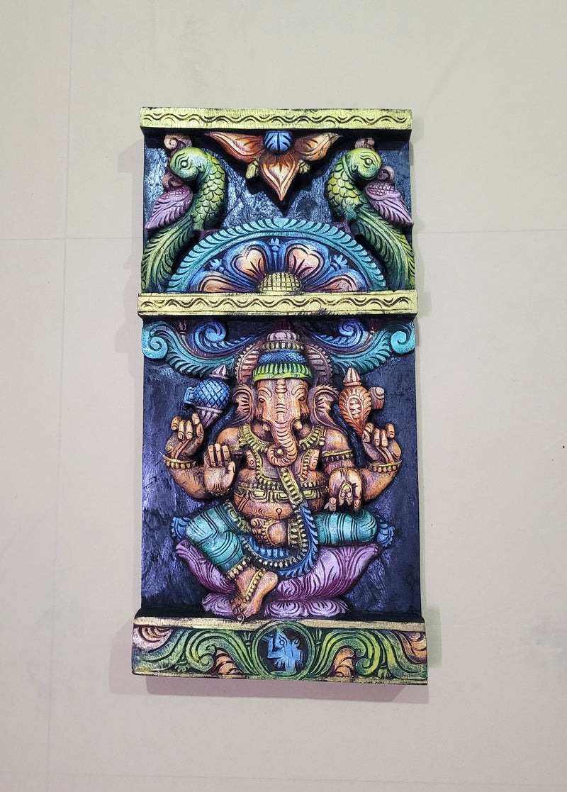 Lord Ganesha Vinayagar With 2 Parrots Wooden Wall Panel Frame Wall Handing Mahogany Wood Carving Traditional Chettinad Indian Handicrafts (24 H x 12 L x 2 W inches)