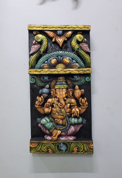 Lord Ganesha Vinayagar With 2 Parrots Wooden Wall Panel Frame Wall Handing Mahogany Wood Carving Traditional Chettinad Indian Handicrafts (24 H x 12 L x 2 W inches)