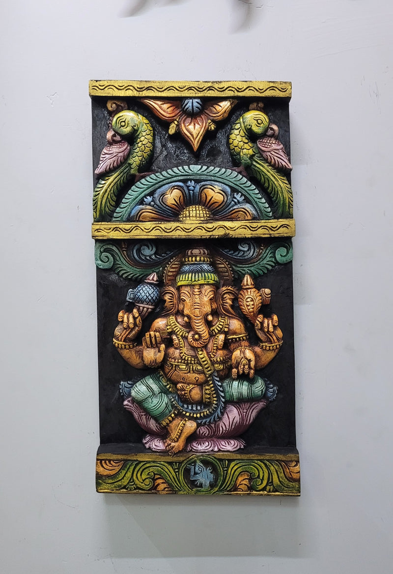 Lord Ganesha Vinayagar With 2 Parrots Wooden Wall Panel Frame Wall Handing Mahogany Wood Carving Traditional Chettinad Indian Handicrafts (24 H x 12 L x 2 W inches)