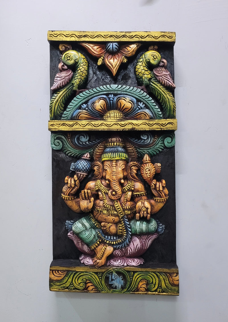 Lord Ganesha Vinayagar With 2 Parrots Wooden Wall Panel Frame Wall Handing Mahogany Wood Carving Traditional Chettinad Indian Handicrafts (24 H x 12 L x 2 W inches)