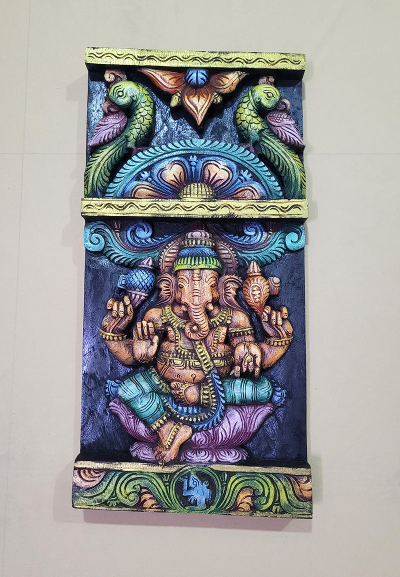 Lord Ganesha Vinayagar With 2 Parrots Wooden Wall Panel Frame Wall Handing Mahogany Wood Carving Traditional Chettinad Indian Handicrafts (24 H x 12 L x 2 W inches)