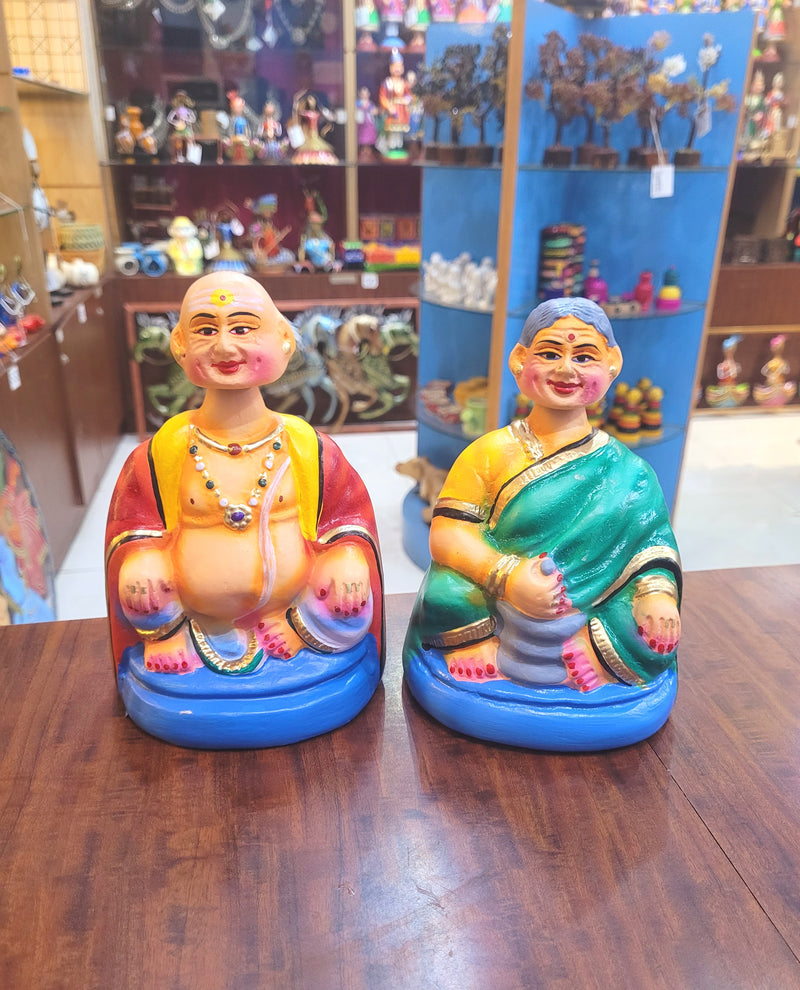 Thatha Patti yellow with yellow Tanjore Dancing Doll Pair paper mache chettiyar doll Thanjavur Thalayatti Bommai (7 H * 4.5 L * 4 W ) Inches