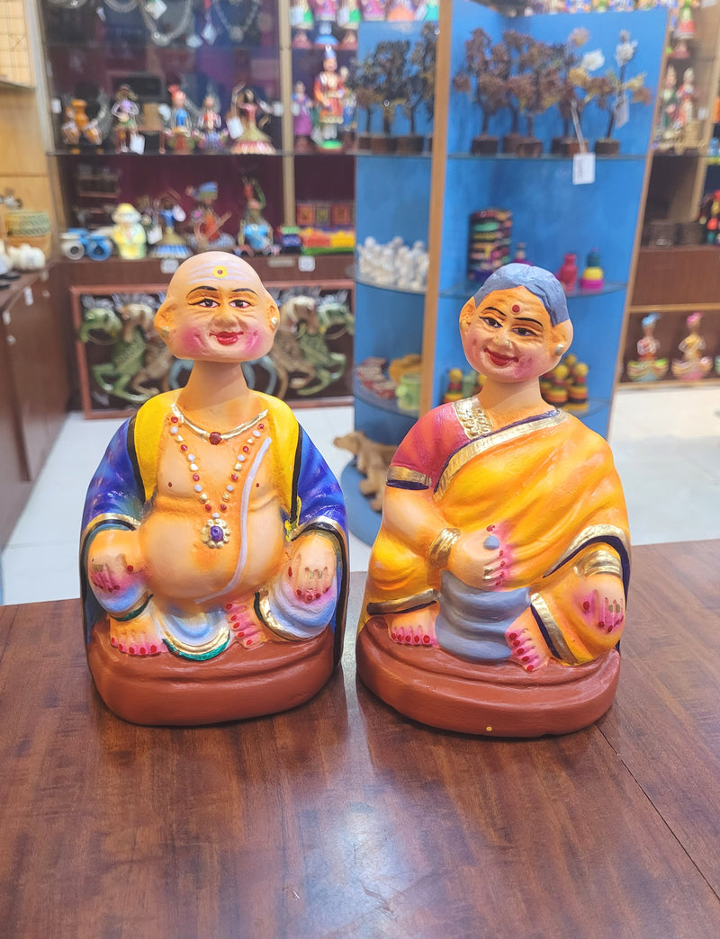 Tanjore dolls Thanjavur Thalayatti Bommai Thatha Patti Violet and Yellow with Green Dancing Doll Pair paper mache chettiyar doll  bommai (6H * 4L * 4W) Inches