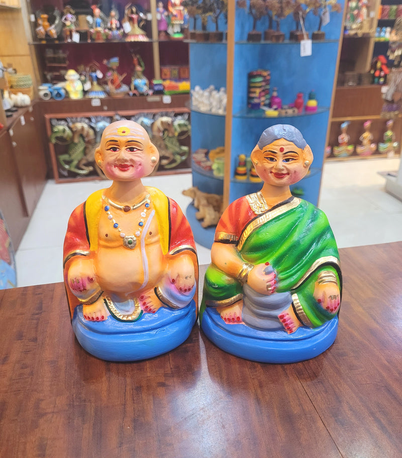 Thatha Patti Red with Green Dancing Doll Pair paper mache chettiyar doll tanjore dolls bommai 7"