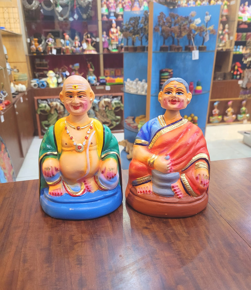 Tanjore dolls Thanjavur Thalayatti Bommai Thatha Patti Red and Blue with Pink Dancing Doll Pair paper mache chettiyar doll bommai (6H * 4L * 4W) Inches