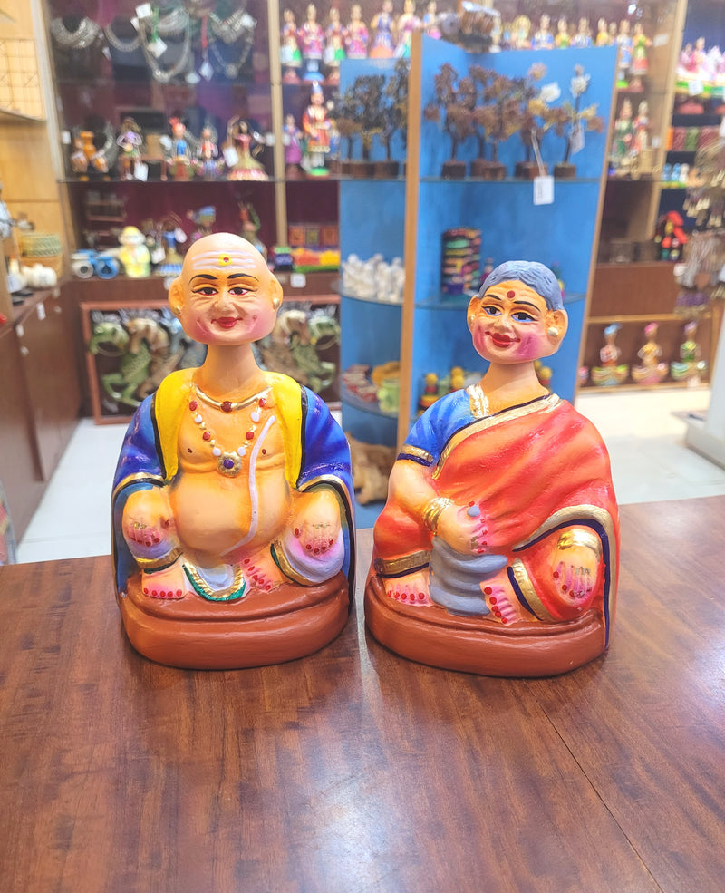 Tanjore dolls Thanjavur Thalayatti Bommai  Thatha Patti Violet and Yellow with Red Dancing Doll Pair paper mache chettiyar doll  bommai (6H * 4L * 4W) Inches