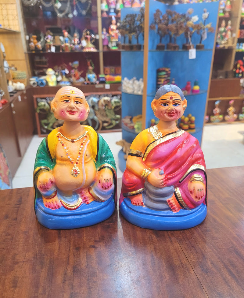 Tanjore dolls Thanjavur Thalayatti Bommai  Thatha Patti Green and Pink with Blue Dancing Doll Pair paper mache chettiyar doll bommai (6H * 4L * 4W) Inches