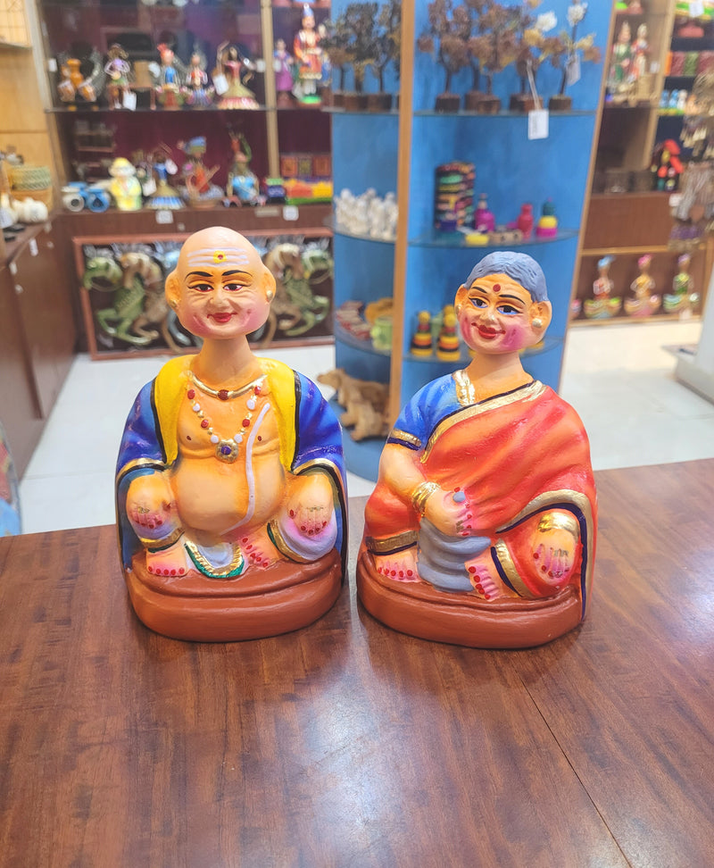 Tanjore dolls Thanjavur Thalayatti Bommai  Thatha Patti Violet and Yellow with Red Dancing Doll Pair paper mache chettiyar doll  bommai (6H * 4L * 4W) Inches