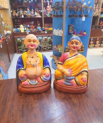 Tanjore dolls Thanjavur Thalayatti Bommai Thatha Patti Violet and Yellow with Green Dancing Doll Pair paper mache chettiyar doll  bommai (6H * 4L * 4W) Inches