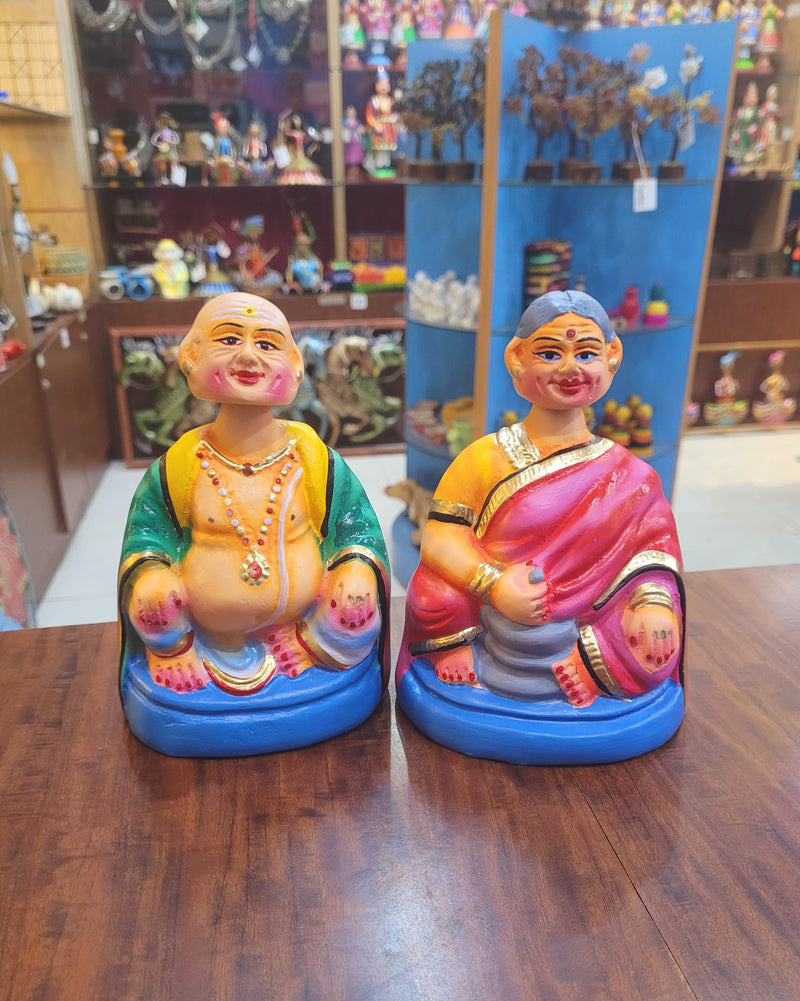 Tanjore dolls Thanjavur Thalayatti Bommai  Thatha Patti Green and Pink with Blue Dancing Doll Pair paper mache chettiyar doll bommai (6H * 4L * 4W) Inches