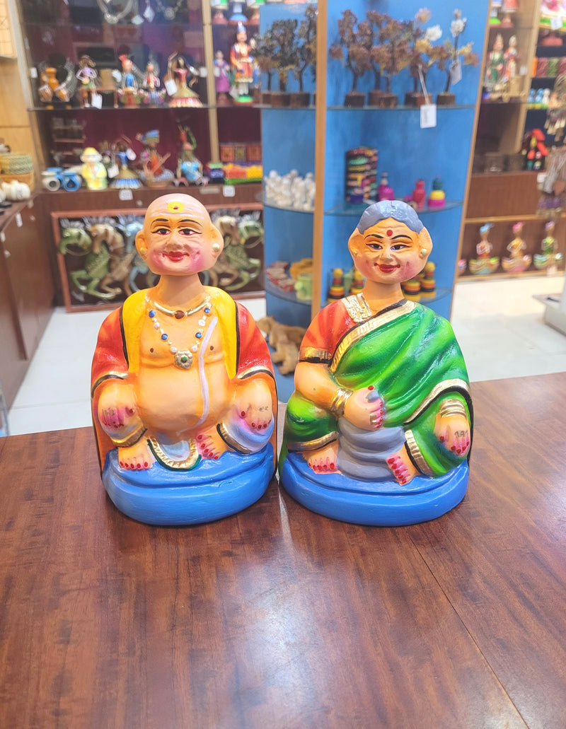 Thatha Patti Red with Green Dancing Doll Pair paper mache chettiyar doll tanjore dolls bommai 7"