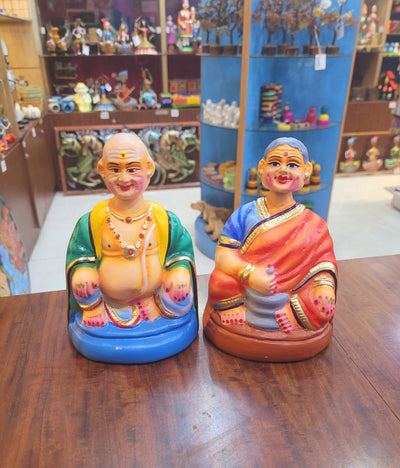 Tanjore dolls Thanjavur Thalayatti Bommai Thatha Patti Red and Blue with Pink Dancing Doll Pair paper mache chettiyar doll bommai (6H * 4L * 4W) Inches