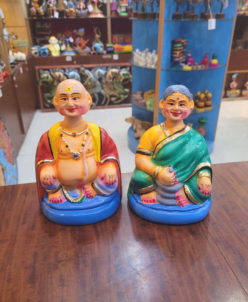 Thatha Patti yellow with yellow Tanjore Dancing Doll Pair paper mache chettiyar doll Thanjavur Thalayatti Bommai (7 H * 4.5 L * 4 W ) Inches