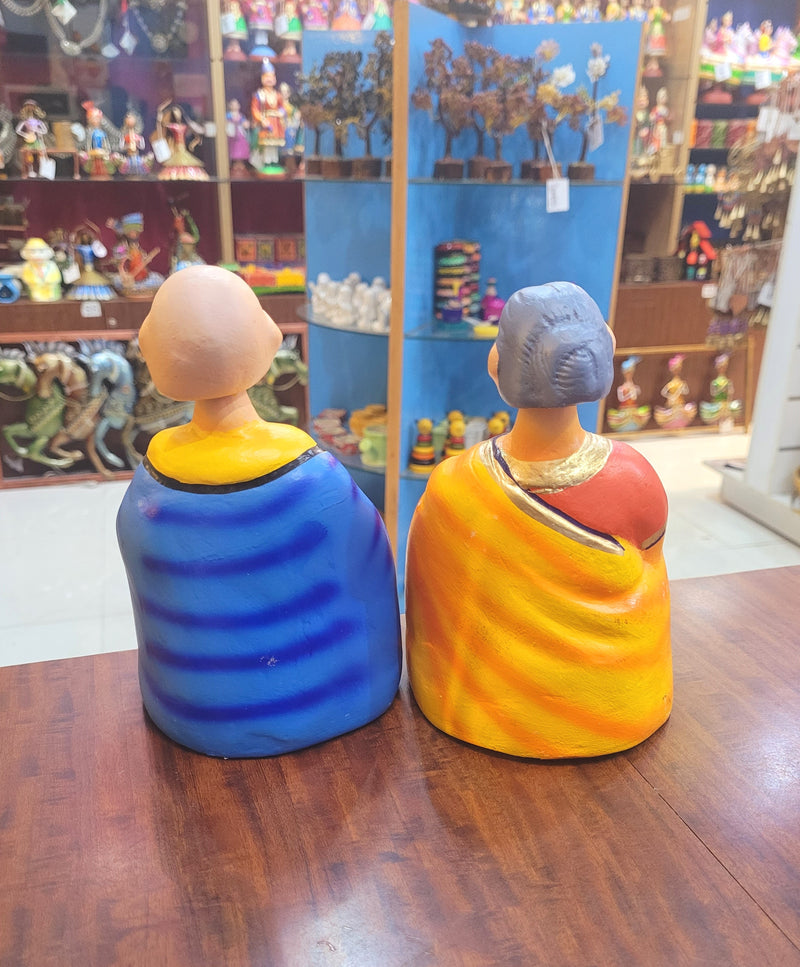 Tanjore dolls Thanjavur Thalayatti Bommai Thatha Patti Violet and Yellow with Green Dancing Doll Pair paper mache chettiyar doll  bommai (6H * 4L * 4W) Inches