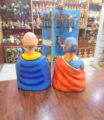 Tanjore dolls Thanjavur Thalayatti Bommai  Thatha Patti Violet and Yellow with Red Dancing Doll Pair paper mache chettiyar doll  bommai (6H * 4L * 4W) Inches