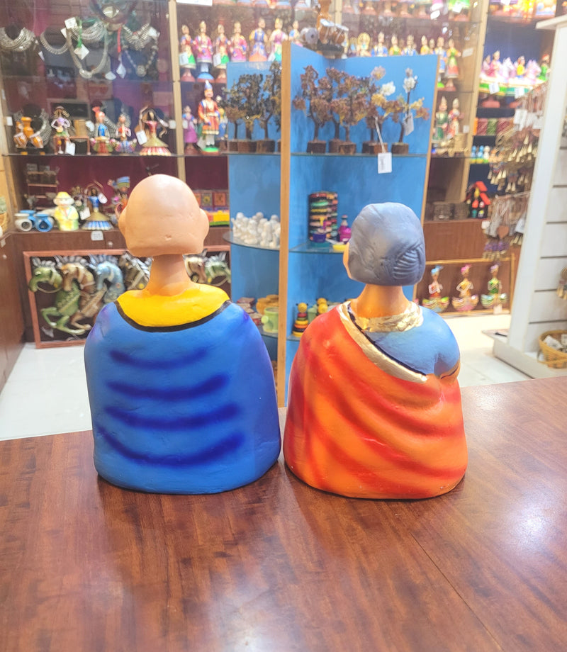 Tanjore dolls Thanjavur Thalayatti Bommai  Thatha Patti Violet and Yellow with Red Dancing Doll Pair paper mache chettiyar doll  bommai (6H * 4L * 4W) Inches