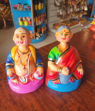 Tanjore dolls Thanjavur Thalayatti Bommai  Thatha Patti Blue and Red Dancing Doll Pair paper mache chettiyar doll  bommai (6H * 4L * 4W) Inches