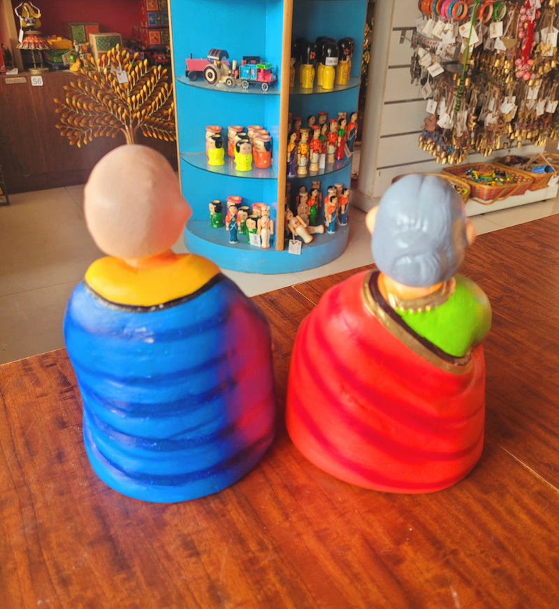 Tanjore dolls Thanjavur Thalayatti Bommai  Thatha Patti Blue and Red Dancing Doll Pair paper mache chettiyar doll  bommai (6H * 4L * 4W) Inches