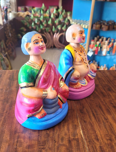 Thatha Patti Blue And Pink Dancing Doll Pair paper mache chettiyar doll tanjore dolls bommai 7"