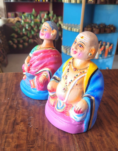 Thatha Patti Blue And Pink Dancing Doll Pair paper mache chettiyar doll tanjore dolls bommai 7"