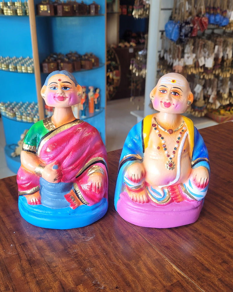 Thatha Patti Blue And Pink Dancing Doll Pair paper mache chettiyar doll tanjore dolls bommai 7"