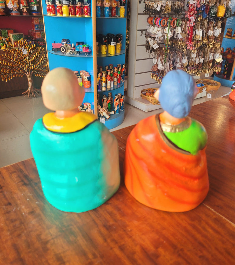 Tanjore dolls Thanjavur Thalayatti Bommai Thatha Patti Green and Orange Dancing Doll Pair paper mache chettiyar doll bommai (6H * 4L * 4W) Inches