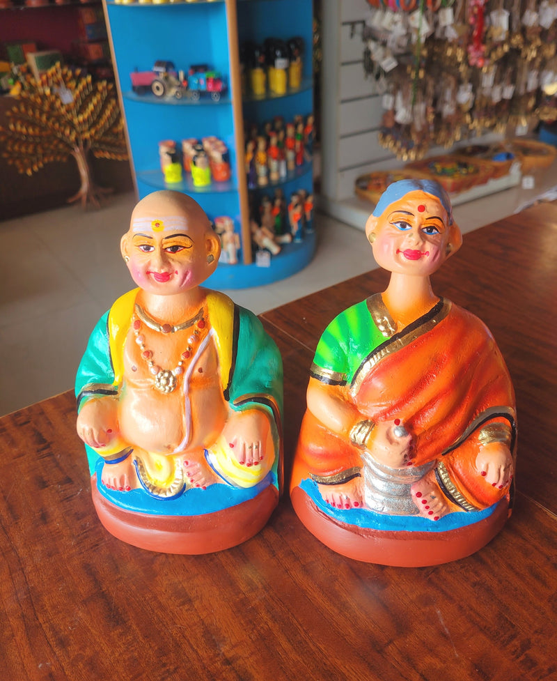 Tanjore dolls Thanjavur Thalayatti Bommai Thatha Patti Green and Orange Dancing Doll Pair paper mache chettiyar doll bommai (6H * 4L * 4W) Inches