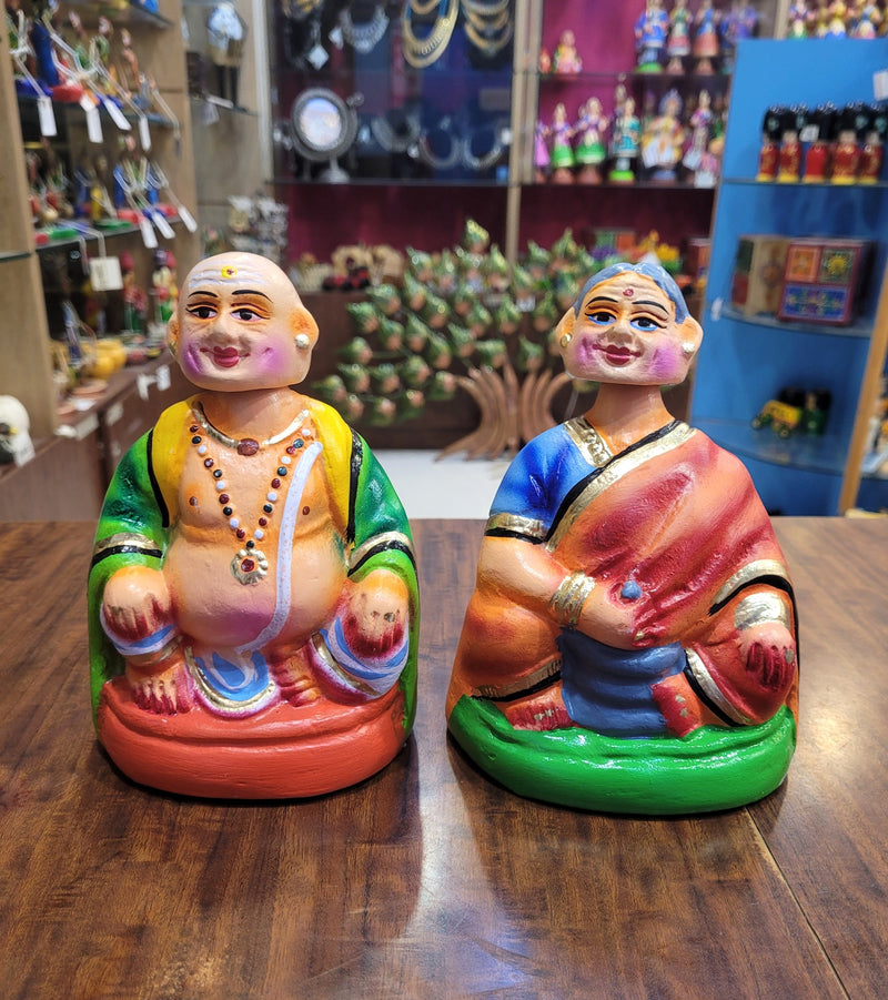 Tanjore dolls Thanjavur Thalayatti Bommai Thatha Patti Green and Orange Dancing Doll Pair paper mache chettiyar doll bommai (6H * 4L * 4W) Inches