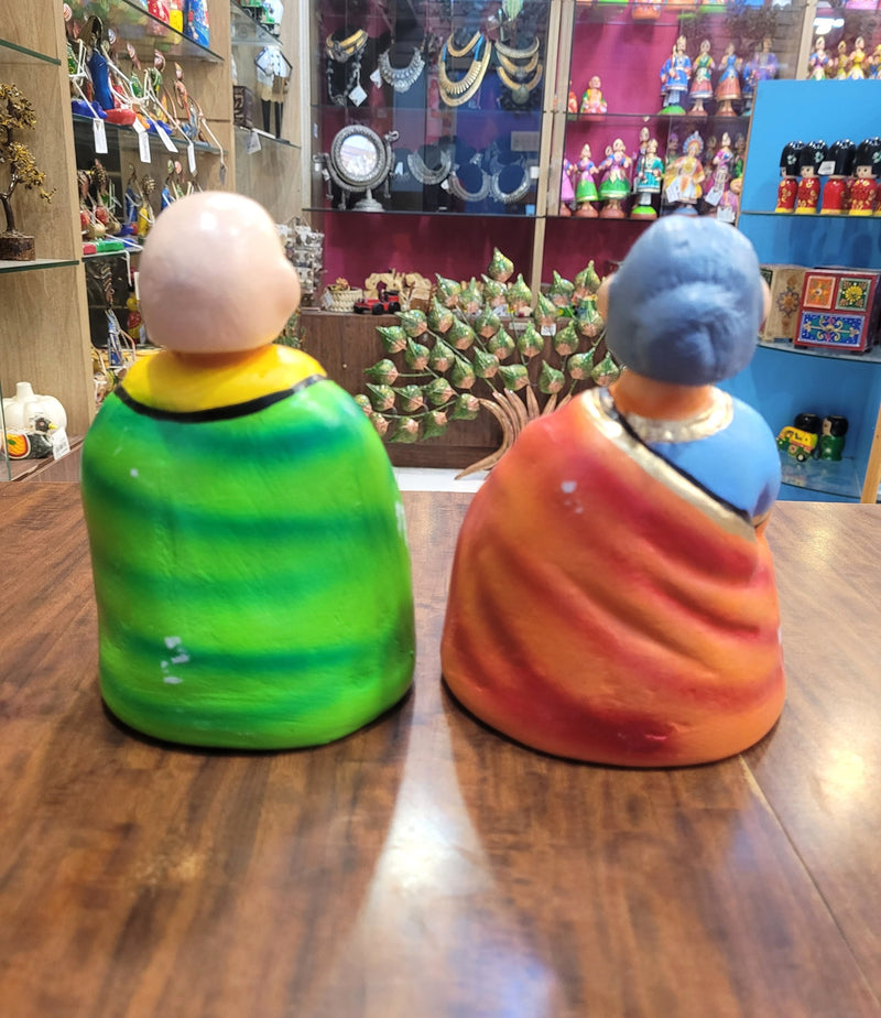Tanjore dolls Thanjavur Thalayatti Bommai Thatha Patti Green and Orange Dancing Doll Pair paper mache chettiyar doll bommai (6H * 4L * 4W) Inches