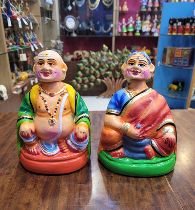 Tanjore dolls Thanjavur Thalayatti Bommai Thatha Patti Green and Orange Dancing Doll Pair paper mache chettiyar doll bommai (6H * 4L * 4W) Inches
