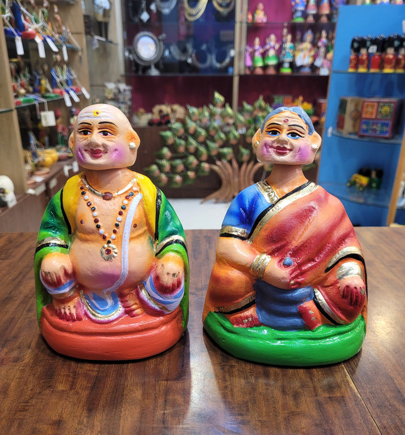 Tanjore dolls Thanjavur Thalayatti Bommai Thatha Patti Green and Orange Dancing Doll Pair paper mache chettiyar doll bommai (6H * 4L * 4W) Inches