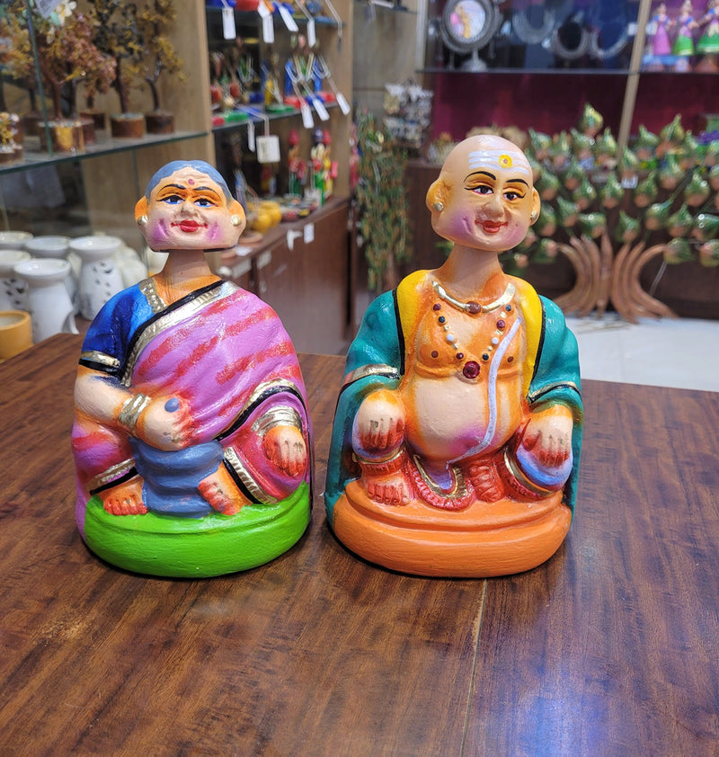 Tanjore dolls Thanjavur Thalayatti Bommai  Thatha Patti Green and Pink with Blue Dancing Doll Pair paper mache chettiyar doll bommai (6H * 4L * 4W) Inches