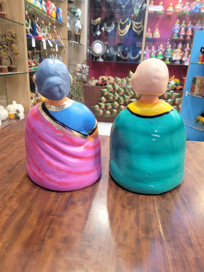 Tanjore dolls Thanjavur Thalayatti Bommai  Thatha Patti Green and Pink with Blue Dancing Doll Pair paper mache chettiyar doll bommai (6H * 4L * 4W) Inches