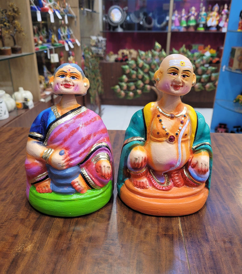 Tanjore dolls Thanjavur Thalayatti Bommai  Thatha Patti Green and Pink with Blue Dancing Doll Pair paper mache chettiyar doll bommai (6H * 4L * 4W) Inches