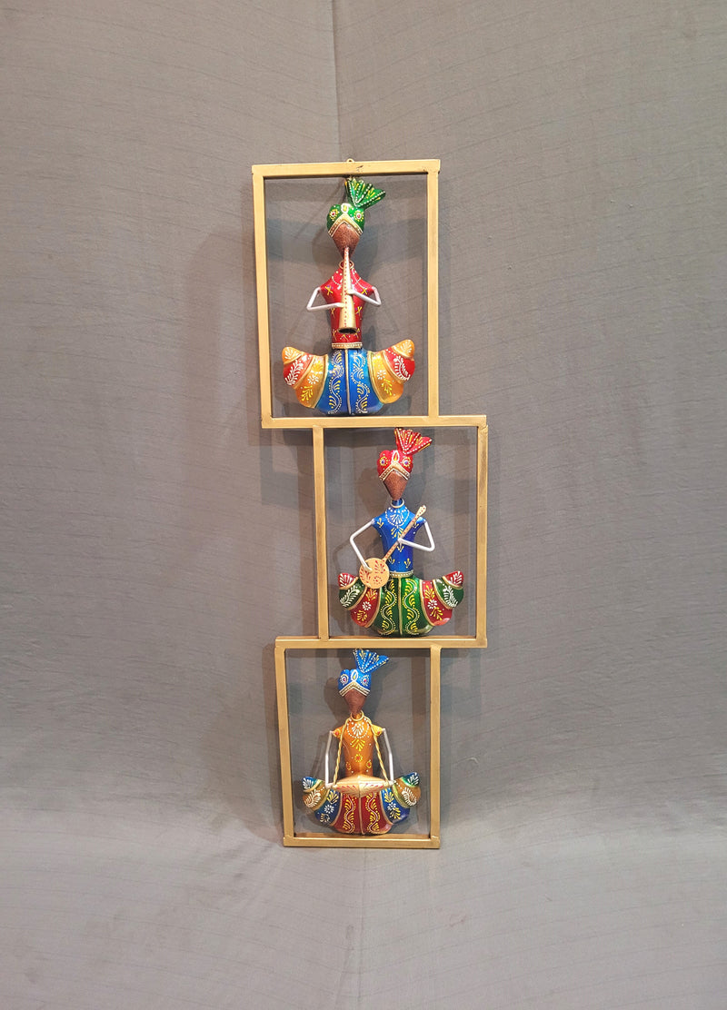 Vertical Three Rajasthani Musician Men Sitting Frame small New color (Red, Blue, Yellow) (28 H * 9 L * 2 W) inches