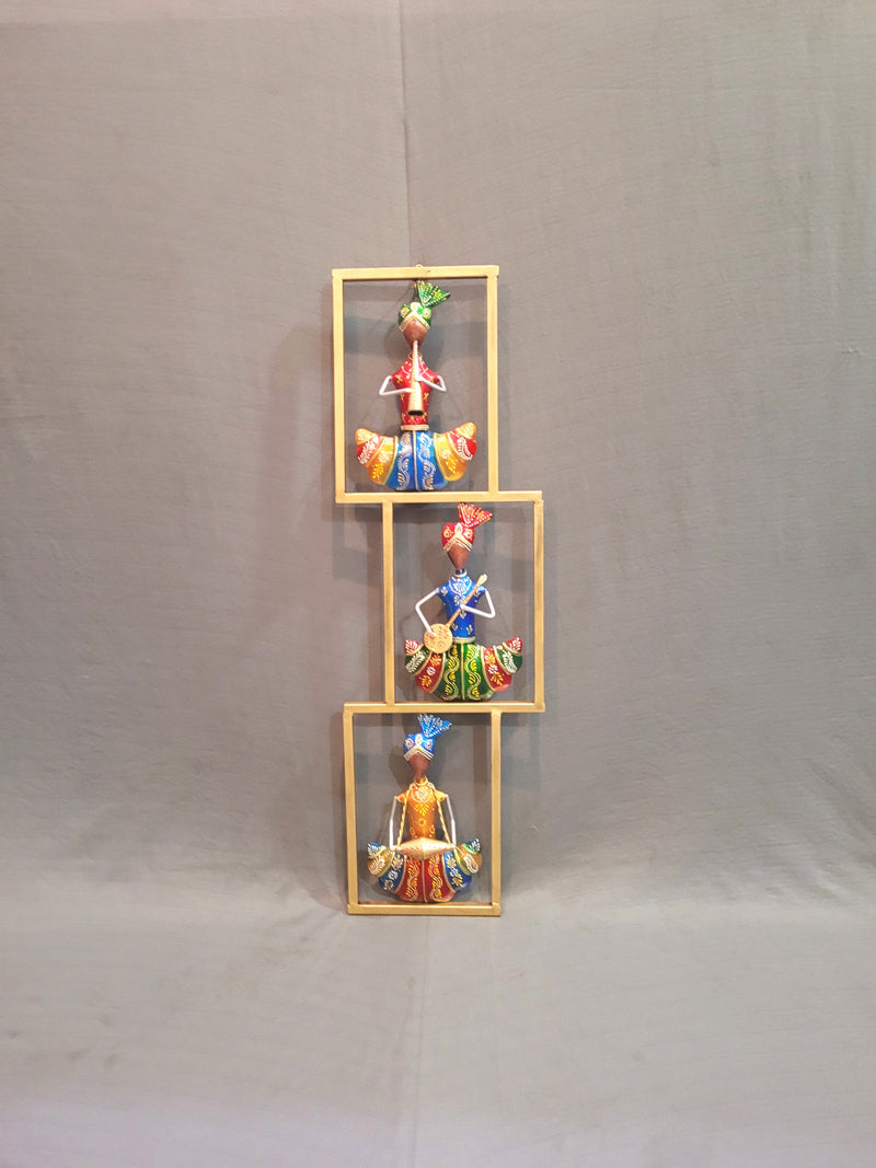 Vertical Three Rajasthani Musician Men Sitting Frame small New color (Red, Blue, Yellow) (28 H * 9 L * 2 W) inches