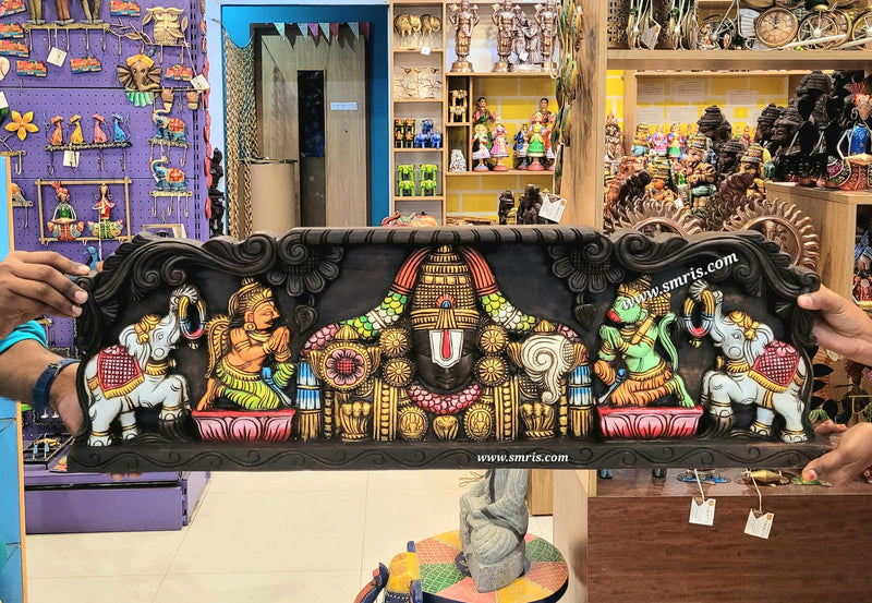 Lord Balaji / Perumal Big With Garudan & Hanuman Wooden Wall Panel Frame Mahogany Wooden Carving Hanging Decor Corbel Traditional Chettinad Indian Handicrafts (11.5H * 36L * 2W Inches)