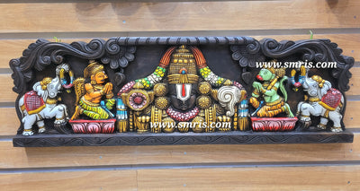 Lord Balaji / Perumal Big With Garudan & Hanuman Wooden Wall Panel Frame Mahogany Wooden Carving Hanging Decor Corbel Traditional Chettinad Indian Handicrafts (11.5H * 36L * 2W Inches)