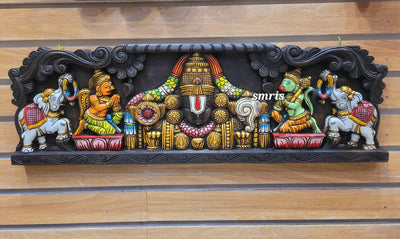 Lord Balaji / Perumal Big With Garudan & Hanuman Wooden Wall Panel Frame Mahogany Wooden Carving Hanging Decor Corbel Traditional Chettinad Indian Handicrafts (11.5H * 36L * 2W Inches)