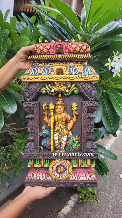 Vetrivel Murugar Kavadi With Gopuram Wood Carving Wall Panel With Peacock Yali Mahogany Wood Wall Hanging Traditional Chettinad Indian Handicrafts (24H x 12L x 2W Inches) Pooja Decor
