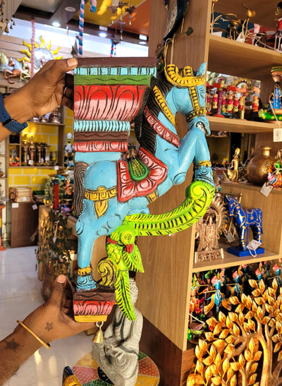 Victory Rearing Horse Wall Bracket / Corbel Blue Mahogany Wood Carving Traditional Chettinad Indian Handicrafts (18 H x 10 L x 3 W inches)