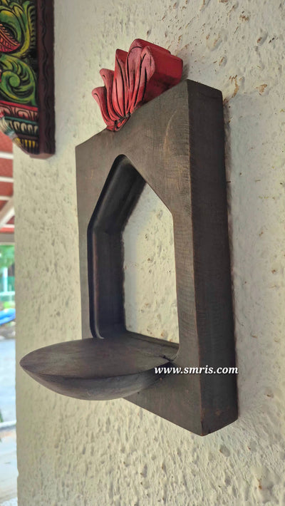 Vilakku Maadam with Lotus Wall Lamp Holder Mahogany Wooden Wall Hanging Wooden Carving Hanging Decor Corbel Traditional Chettinad Indian Handicrafts (12 H * 7 L *  5 W Inches)