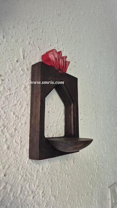 Vilakku Maadam with Lotus Wall Lamp Holder Mahogany Wooden Wall Hanging Wooden Carving Hanging Decor Corbel Traditional Chettinad Indian Handicrafts (12 H * 7 L *  5 W Inches)