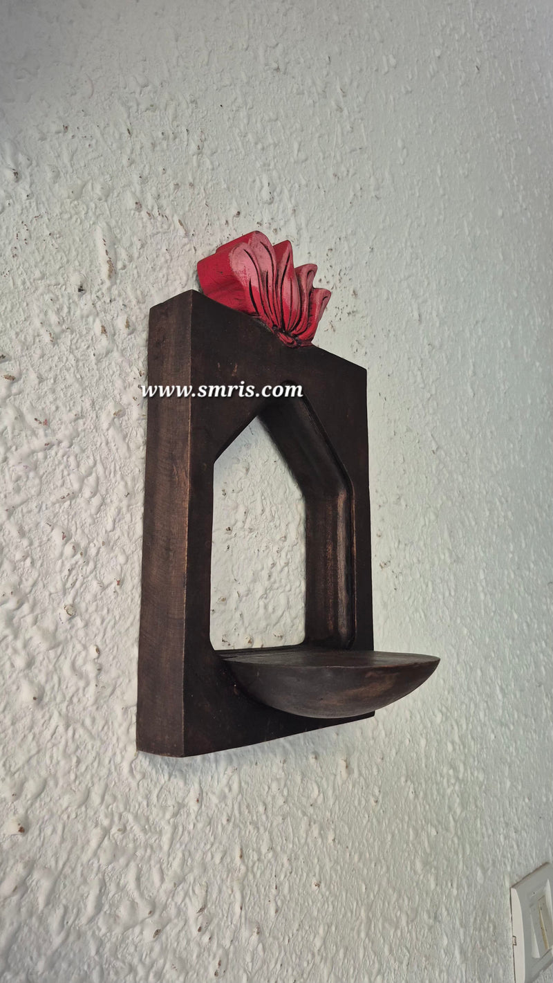 Vilakku Maadam with Lotus Wall Lamp Holder Mahogany Wooden Wall Hanging Wooden Carving Hanging Decor Corbel Traditional Chettinad Indian Handicrafts (12 H * 7 L *  5 W Inches)