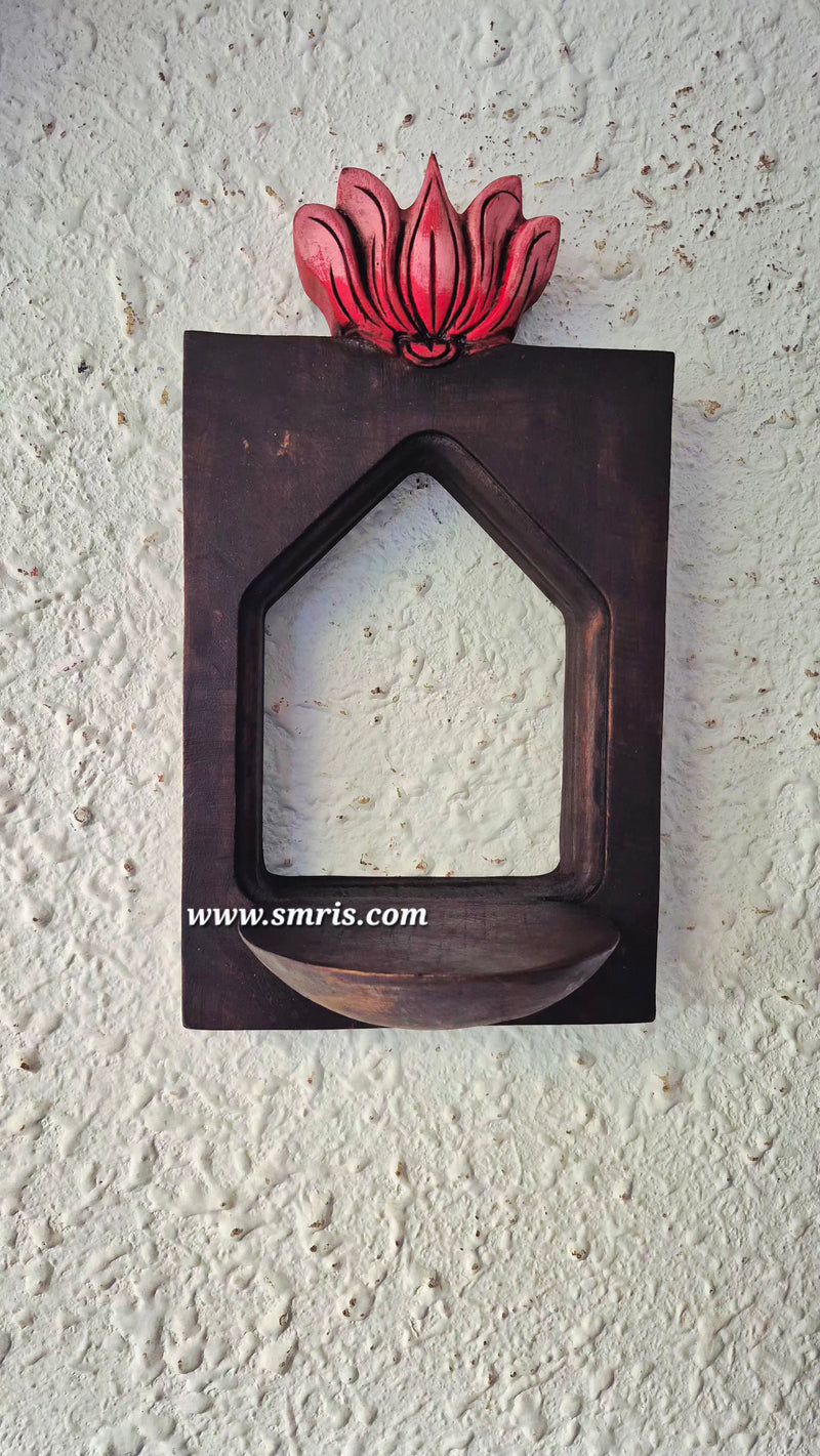Vilakku Maadam with Lotus Wall Lamp Holder Mahogany Wooden Wall Hanging Wooden Carving Hanging Decor Corbel Traditional Chettinad Indian Handicrafts (12 H * 7 L *  5 W Inches)